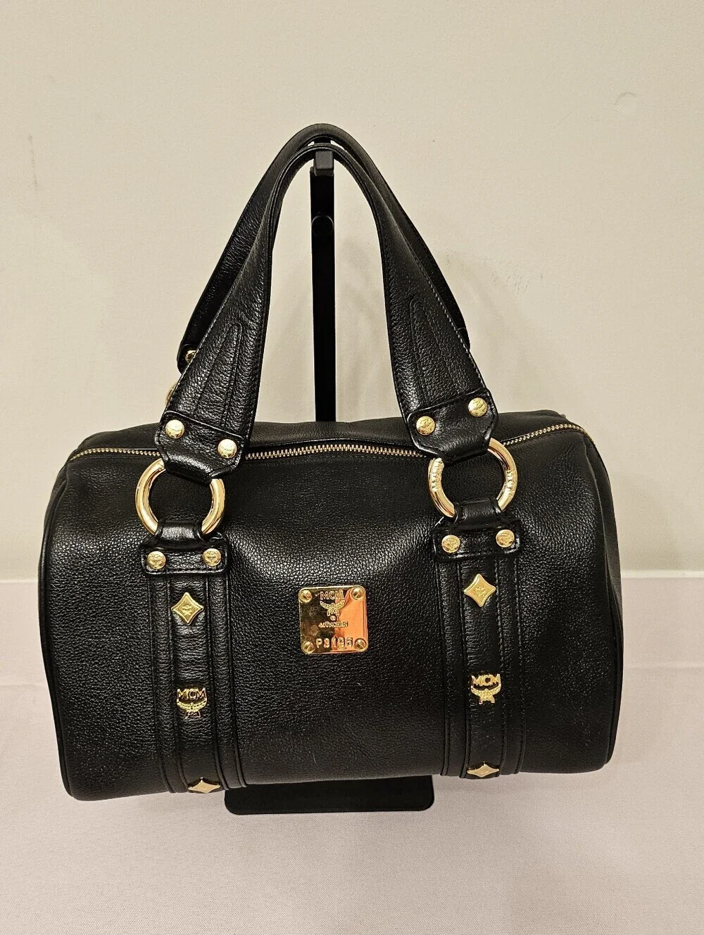 MCM Black Pebbled Leather Boston Bowler Satchel โ Gold Hardware - Picture 1 of 16